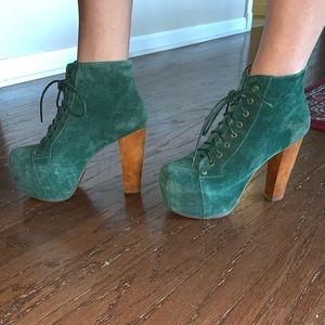Jeffrey Campbell green suede boot heels
